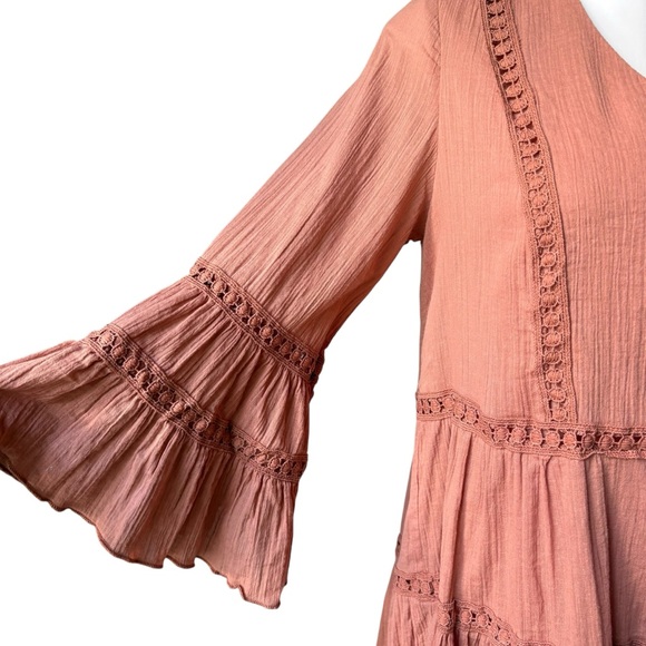Listicle Boho V-Neck Tiered Bell Sleeve Cotton Mini Dress, Sz M - Picture 9 of 15